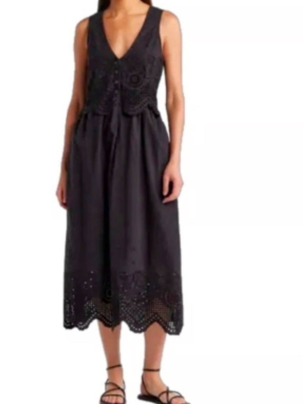 Rachel Zoe Sleeveless Black Eyelet scalloped edge Midi Dress size Large